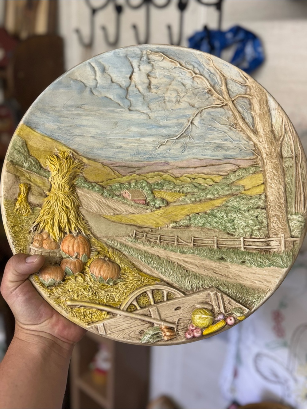 70’s vintage Chalkware Farmhouse Fall Harvest Relief Wall Art - Neutral Tones